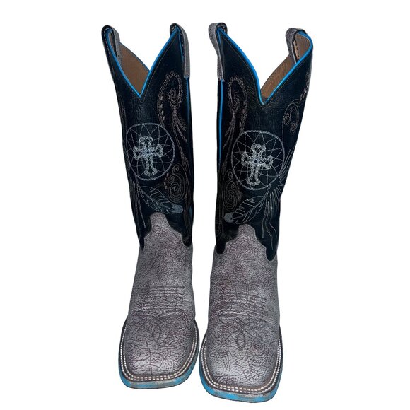 Justin Boots Womens Western Cowboy Boots Size 6.5B Turquoise Cross Square Toe - Picture 4 of 10